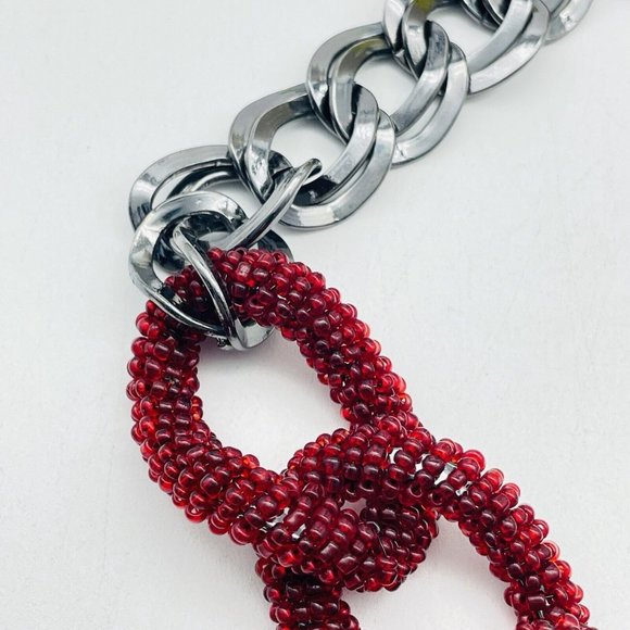 TALBOTS Red Beaded Chunky Chain Necklace Gunmetal Statement Classic Career LARP - Picture 6 of 8
